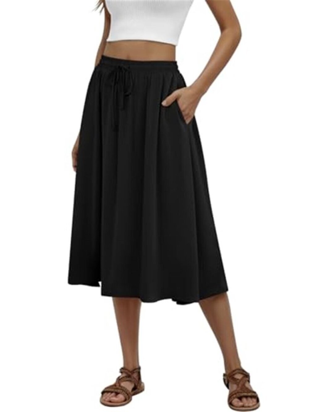 MLXSJ Women's Midi Skirt Summer Pleated Flowy Skirts with Pockets S-3XL
